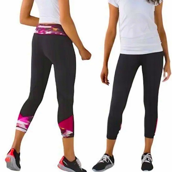 Lululemon Pace Rival Cropped Leggings in Black & Wind Berry Rumble - Rare - Picture 3 of 16